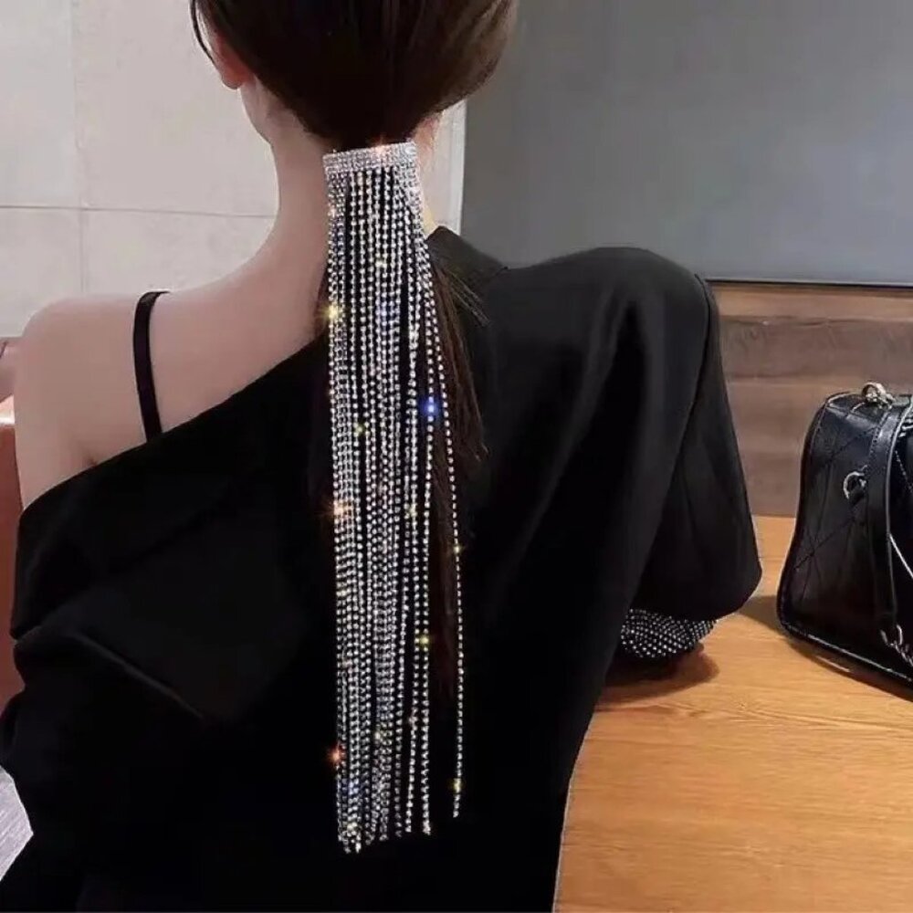 Silver Rhinestone Tassel Ponytail Clip (16.54 Length - 2.36 Wide)